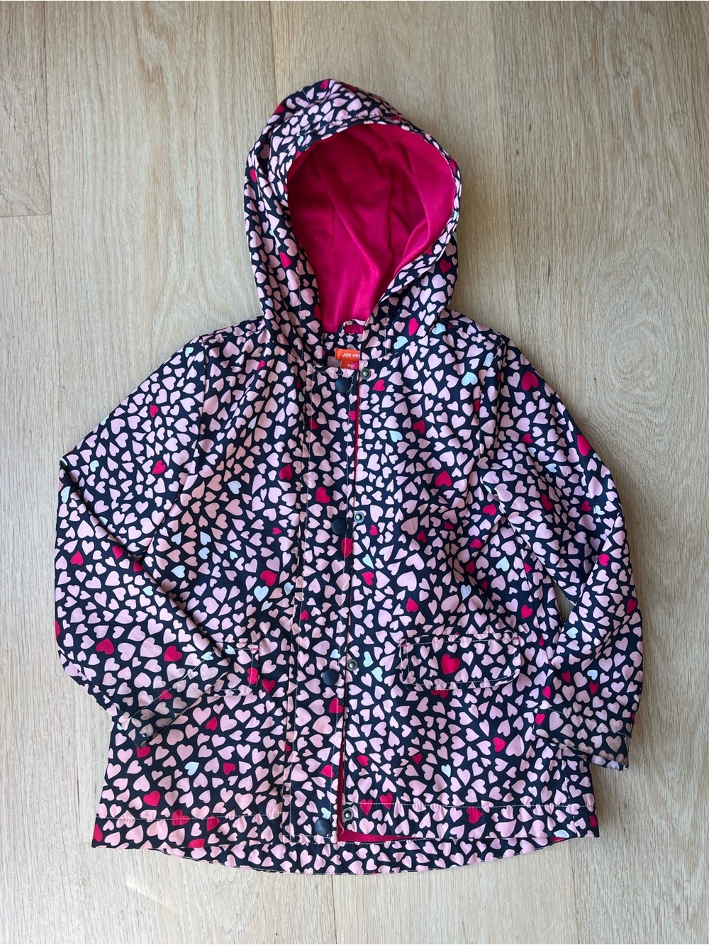 Joe Fresh Girls' Heart Print Hooded Raincoat - Pink & Black